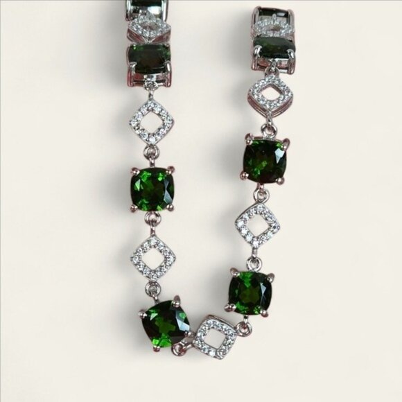 925 Sterling Slver Bracelet 7.5" with Natural Chrome Diopside Gem & Cz. - Picture 1 of 11